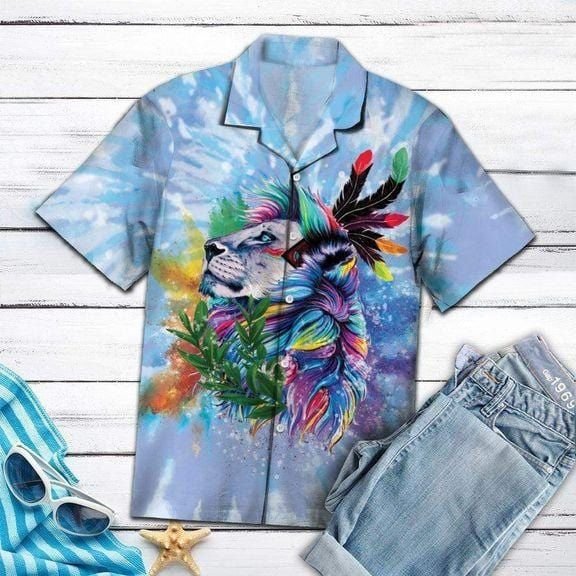 Felacia [Hawaii Shirt] Tie-dye Native American Lion Colorful Feather Hawaiian Aloha Shirts-ZX3117
